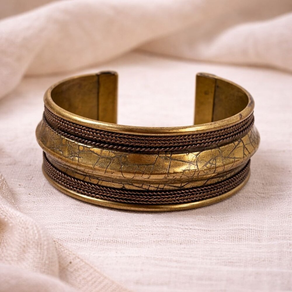 Vintage Brass Cuff Bracelet With Braided Detailing & Crackled Texture Adjustable